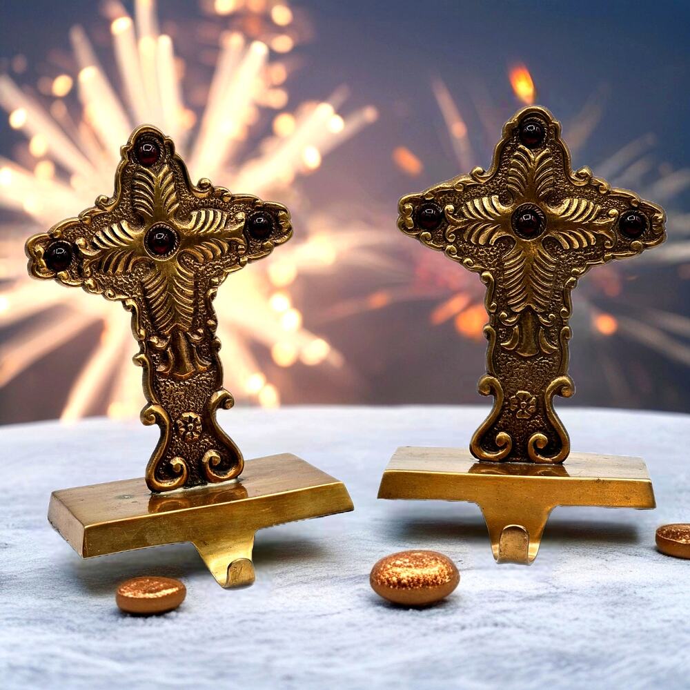 Vintage Brass Cross Stocking Holders Set Christmas Mantel Decor